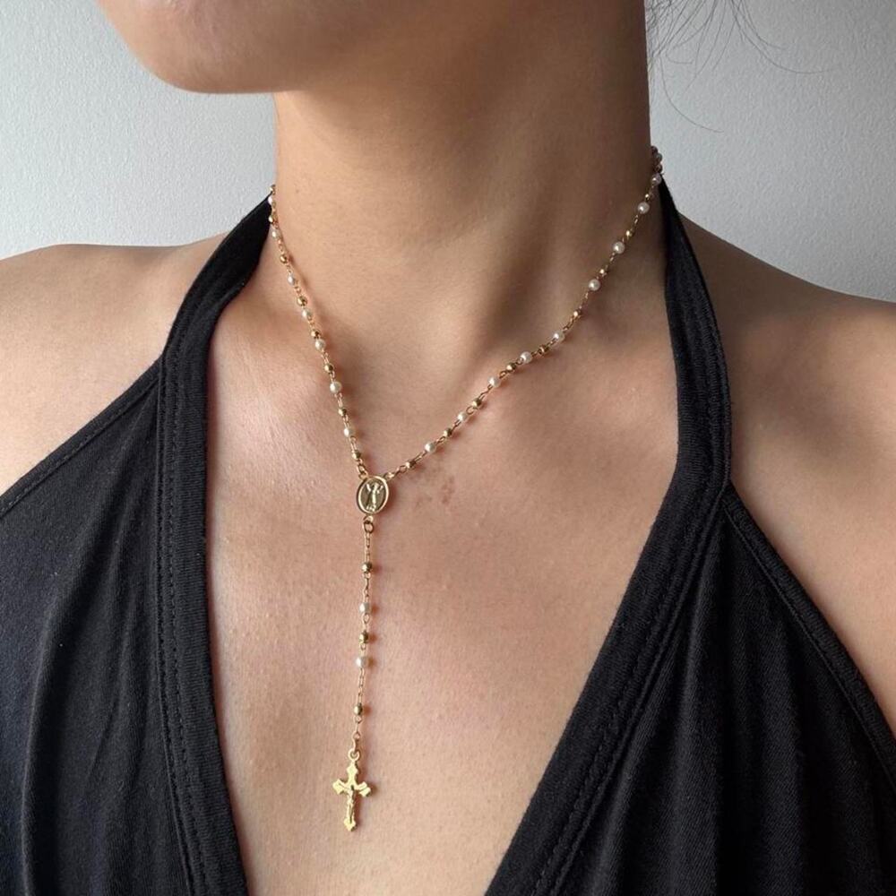 Vintage 18k gold filled rosary necklace and large cross pendant